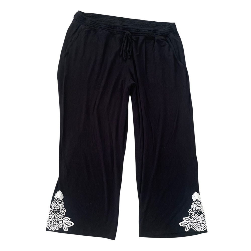 Soma Lounge Pants Black Wide Leg Lace Trim White Embroidery Large Sleepwear Knit